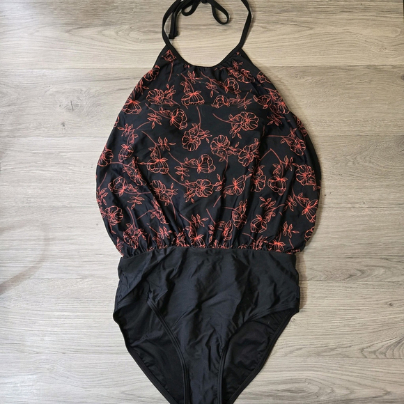 Calvin Klein Black Coral Floral Halter Blouson One Piece Swimsuit 12 NWT UPF - Picture 2 of 10